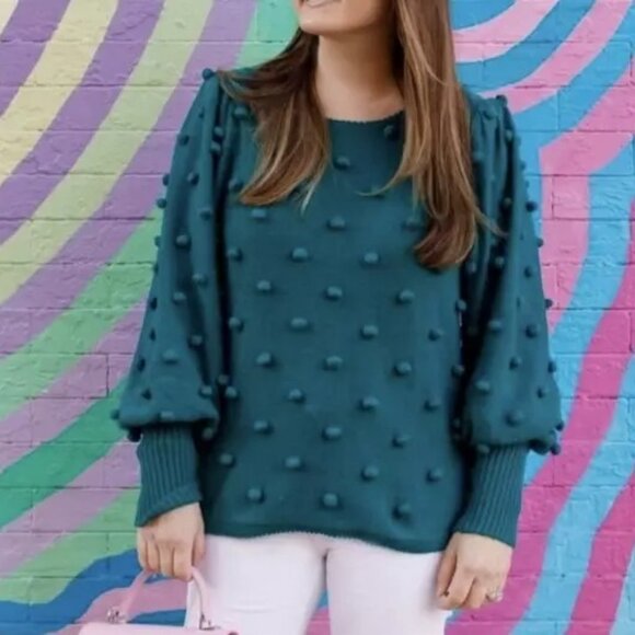 Lilly Pulitzer Women's Size Medium Green Kippa Sweater Pouf Sleeveless Balls - Picture 7 of 10